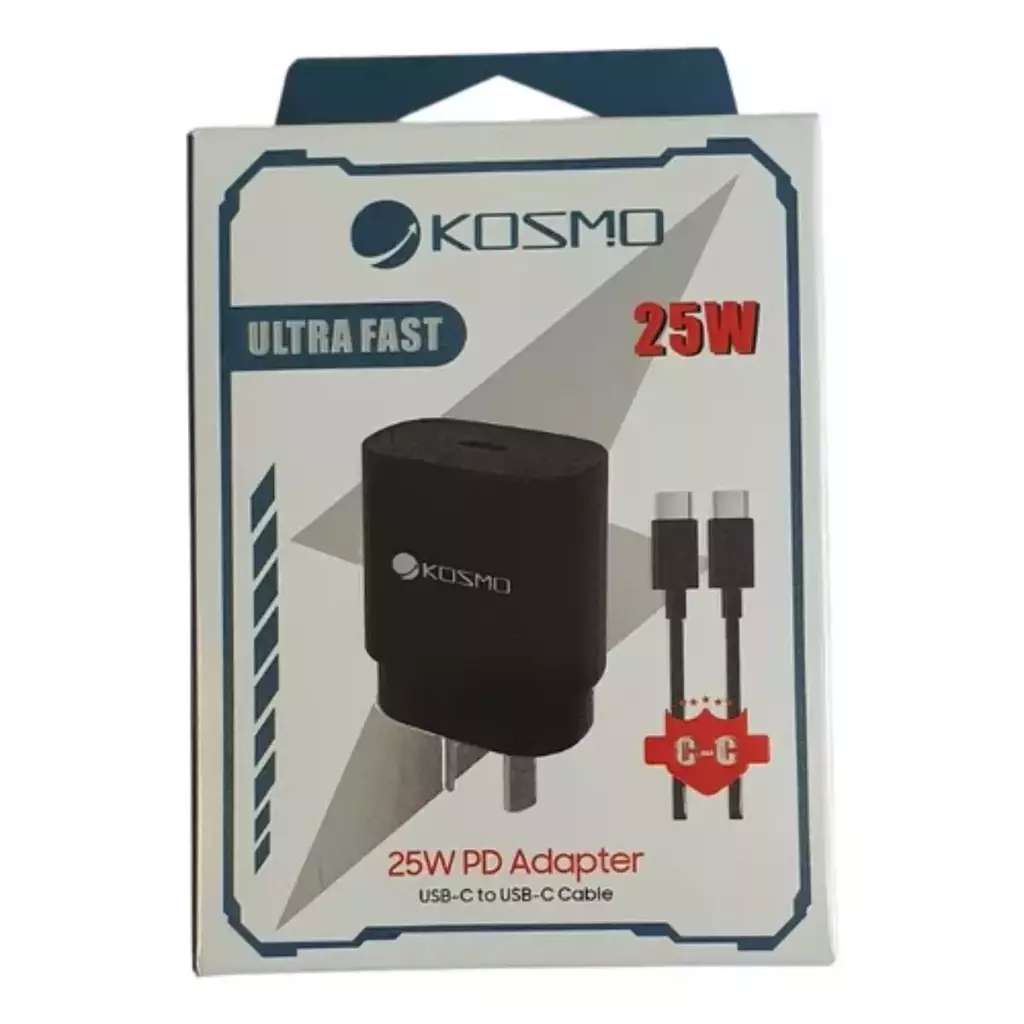 CARGADOR KOSMO ULTRA FAST KOS 25W PD NEGRO SALIDA C + CABLE TIPO C TO TIPO C
