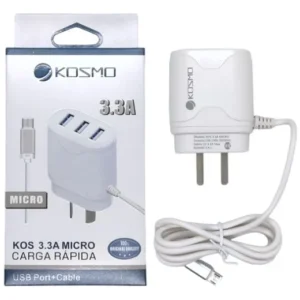 CARGADOR KOSMO KS-18L 220V TRAVEL 3,3A RAPIDO 3 SALIDAS USB + CABLE FICHA MICRO
