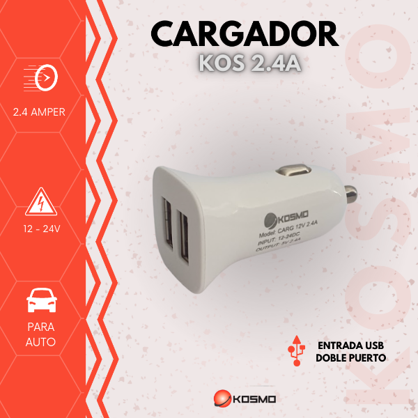 CARGADOR KOSMO CAR 12V 2,4A 2 SALIDAS USB CARGA RAPIDA