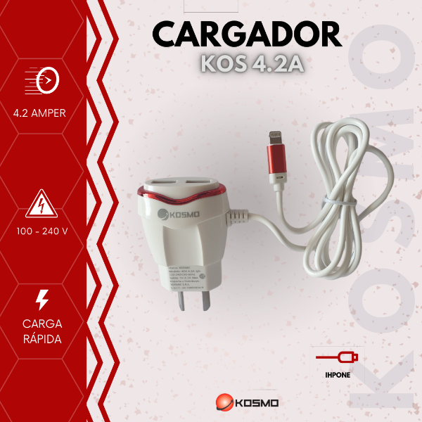 CARGADOR KOSMO KS-18H 220V TRAVEL 4,2A 2 SALIDAS USB + CABLE CON FICHA IPHONE