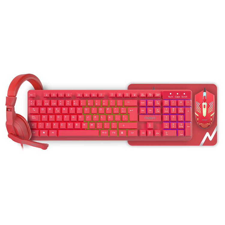 COMBO NOGA NKB-413R ROJO RGB ARCO IRIS TECLADO MOUSE AURICULARES MIC PAD MOUSE
