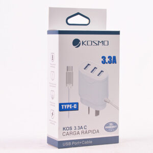 CARGADOR KOSMO KS-18L 220V TRAVEL 3,3A RAPIDO 3 SALIDAS USB + CABLE FICHA TIPO C