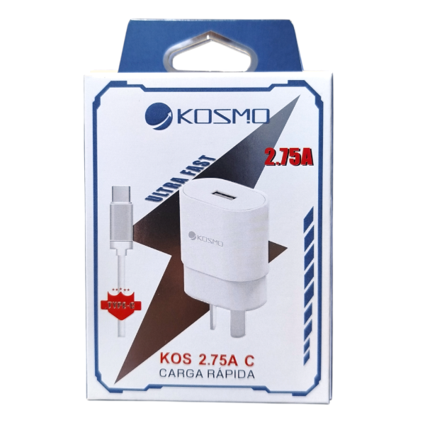 CARGADOR KOSMO ULTRA FAST KOS 2,75A RAPIDO SALIDA USB + CABLE TYPE C