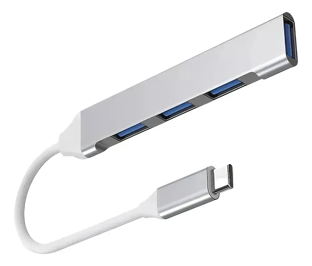 HUB USB TIPO C 4 PUERTOS 3.0/2.0 PLATEADO PARA PC Y MÓVILES