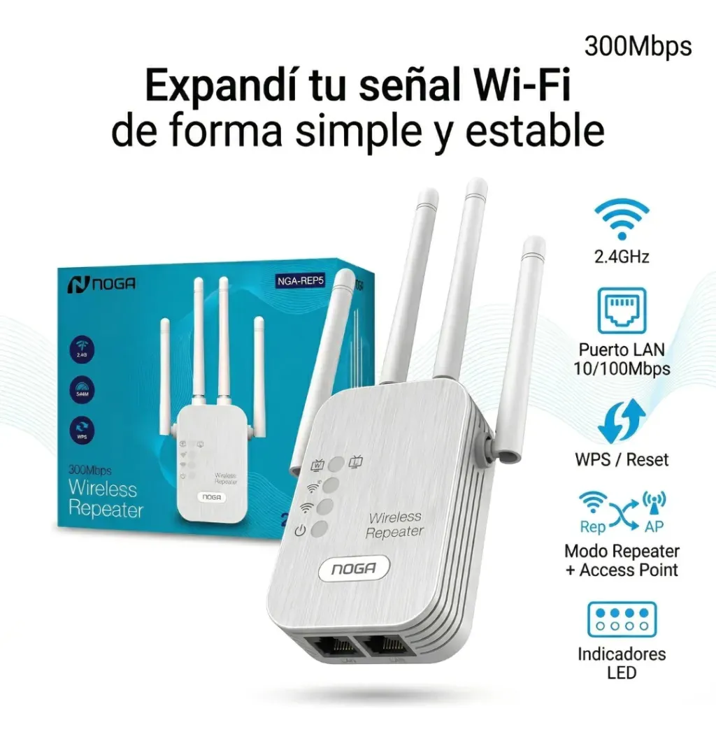 REPETIDOR NOGA NGA-REP5 WIFI 300MBPS BAND 2,4 GHZ WPS ACCESS - 1 RJ45 - 4 ANTENAS - Imagen 3