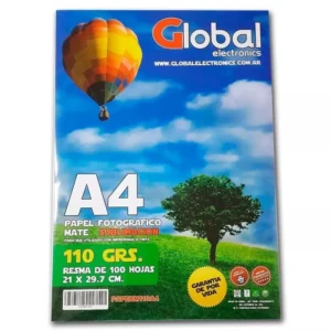 PAPEL A4 FOTOGRAFICO MATE 110G GLOBAL EN RESMA DE 100 HOJAS APTO SUBLIMACIÓN
